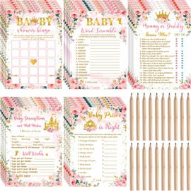 Fumete 125 Pcs Princess Baby Shower Games for Girls 5 Styles Cards with 20 Pencils for Decorations Baby Shower Activities Include Bingo Game, Guess Who, Descriptions and Well Wishes, Price