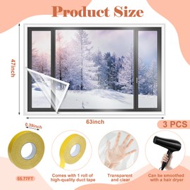 3 Pcs Window Insulation Kit Total 63 × 141 Inches Pof Shrink Film Insulator Fits up to 3 Windows with Double Side Tape Waterproof Window Insulation Kit for Winterizing Winter Windows
