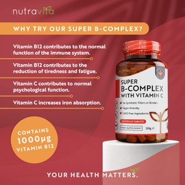 Super Vitamin B Complex - 365 High Strength Tablets (6 Month Supply) - All 8 B Vitamins B1-B2-B3-B5-B6-B12, Biotin, Folic Acid with Vitamin C - Reduces Tiredness & Fatigue - Immune Support - Nutravita