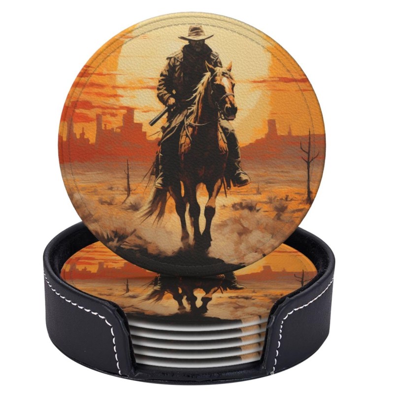 Famame 6 Pcs West Desert Cowboy Sunset Leather Coasters for