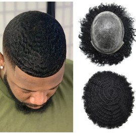 Afro Curly Toupee Hair Units for Black Men Brazilian Virgin Human Hair Pieces Full PU African American Afro Mens Toupee Hair System Man Weave Unit Black Men 8x10 1B# OFF BLACK-10mm wave
