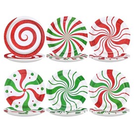 Greencian 60 Pcs Christmas Peppermint Plates 9" Candy Mint Paper Plates Disposable Heavy Duty Red and Green Striped Platters for Christmas Party Decorations Xmas Holiday Birthday Party Supplies