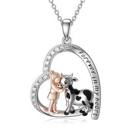 HARMONY BOLA Cow with Girl Necklace 925 Sterling Silver Cow Necklaces Birthday Cow Gifts for Women, Sterling Silver