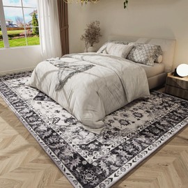 LOCHAS Super Soft Area Rug, Washable Living Room Rug, Non Slip Rug for Bedroom Livingroom Dining Room, Low Pile Vintage Floral Print Accent Carpets for Office Home Floor Carpet (Grey, 5x8 Feet)