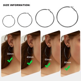 PICKBEAU Black Large Hoop Earrings for Women | 14K Plated Hypoallergenic Big Round Circle Hoops Stainless Steel Womens Loop Dangle Earrings Set (30/40/50/60mm)