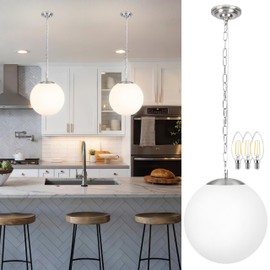 KoKo&Yukina 13.8 Inch Globe Pendant Lighting for Kitchen Island Mid Century Modern Hanging Light Fixture with Milky White Globe Glass Nickel Finish Hanging Ceiling Lights for Dinning Room (Bulb Incl.)