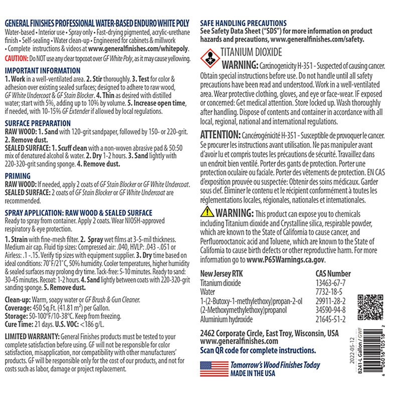 General Finishes Water Based White Poly, 1 Gallon, Flat