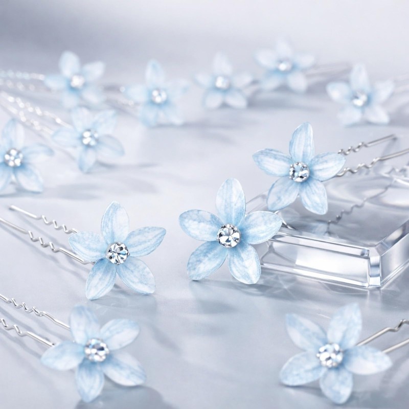 10Pcs Blue Flower Hair Pins,Rhinestone U-Shaped Bridal Hair Accessories