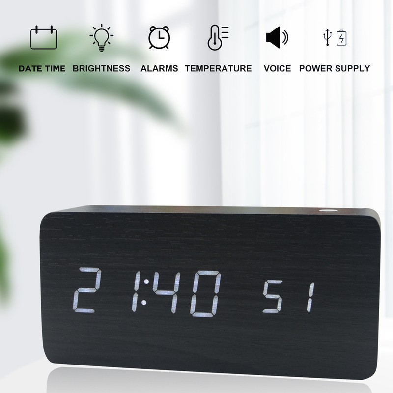 Wooden Digital Alarm Clock 8 Levels Adjustable Brightness Digital Clock