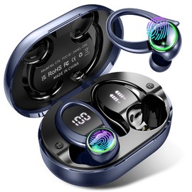 Wireless Earbuds, Bluetooth 5.3 Headphones with Noise Cancelling Mic, Bass Stereo Bluetooth Earphones 50Hrs with LED Display, IP7 Waterproof Earbuds with Earhooks, Over Ear Buds for Sports, Deep Blue