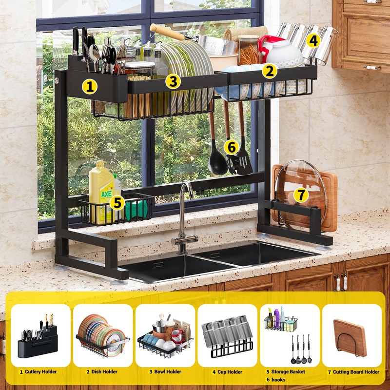 ilvvan Over Sink Dish Drying Rack (Expandable Height/Length) Snap-On Design