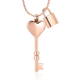 constantlife Heart Key and Lock 2PCS Cremation Necklace Stainless Steel Urn Jewelry for Human/Pet Ashes Memorial Customize Pendant Keepsake for Women & Men (Rose Gold)