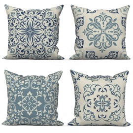 ASDCXZ Kissenbezug Boho 40x40 cm 4er Set, Retro Datura Blume Muster Beige Blau Sofa Dekokissen Kissenbezüge Kissenhülle Waschbar Polyester Flachs Textil Outdoor Polster Kopfkissenbezug Kissen Bezug