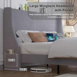 VECELO Full Bed Frame with Upholstered Wingback Headboard, Heavy-Duty Platform Bedframe with Charging Station, Wooden Slats, No Box Spring Needed, Light Grey