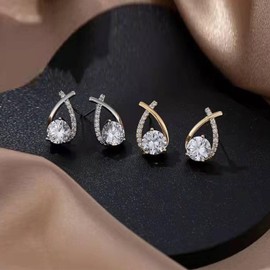 MUNSKT Mermaid Tail Stud Earrings,Simplicity Teardrop-Shaped Cross Fishtail Zircon Earrings,hypoallergenic stud earrings,Birthday Jewelry Gift for Women Ladies Girls(Silver and Gold)