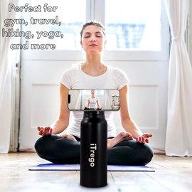 iTrego Water Bottle with Magnetic Phone Holder Lid - Insulated Stainless Steel Mag-safe Water Bottle with Phone Holder Magnet for Gym, Car, Travel & Sports - Hot & Cold (Black, 24 Oz)