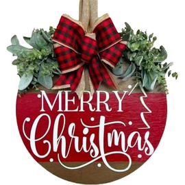 Merry Christmas Hanging Sign for Front Door, Wooden Wreaths Sign with Christmas for Holiday Rustic Farmhouse Outdoor Wall Window Decor