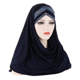 Women Girls Glitter Sequin Hijab Muslim Head Scarf One Piece Hijab Cap Long Islamic Turban Headband Hair Cap Shawl Wrap (Navy)