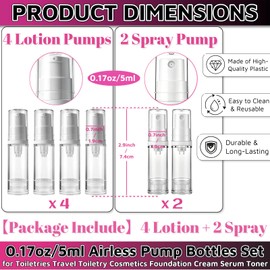 6Pcs Airless Pump Bottles Travel Set，5ml/0.17oz Vacuum Refillable Leakproof, Travel Pump Bottle for Toiletries Travel Toiletry Containers for Cosmetics Foundation Cream Serum Toner(4 Lotion & 2 Spray)