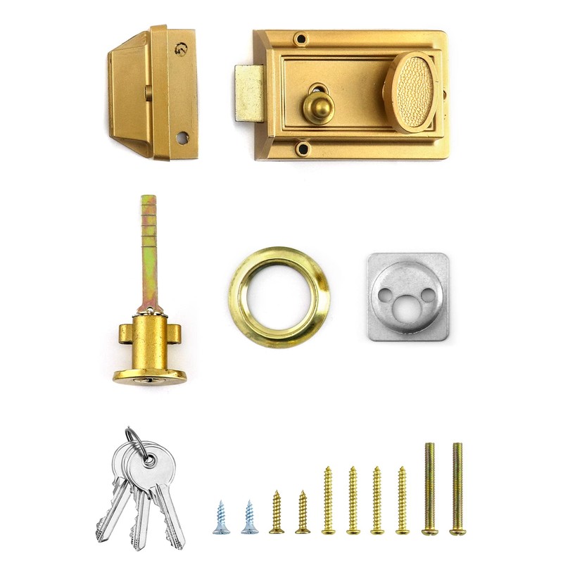 QWORK Night Latch Deadbolt Rim Lock with Key Gold Finish