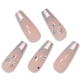 BABALAL Coffin Press on Nails Long Fake Nails Sliver French Tip Glue on Nails 3d Butterfly Rhinestone Ballerina Acrylic Nails for Women and Girls