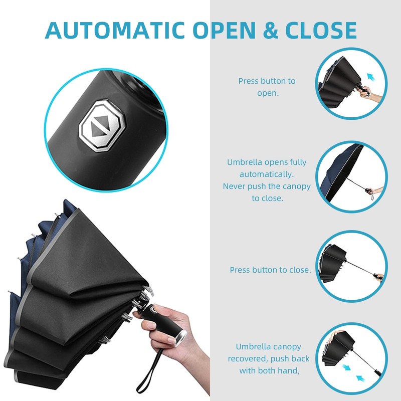 Pioggistar Windproof Folding Umbrella, Automatic Reverse Umbrella, Large Rain Umbrella,