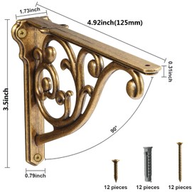 Khtumeware Ornate Decorative Shelf Brackets, 5x3.5 inch Small Wall Mounted Shelving Bracket, 2 Pack Antique Brass Vintage Metal Shelf Bracket Victorian Wall Bracket (2, Antique Brass)