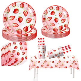 Ljaglui 61PCS Strawberry Theme Birthday Party Tableware Set Strawberry Birthday Decorations Camping Birthday Party Supplies Paper Plate Cup Napkin Tablecloth Straw Adventure Fruit Party Table Decor