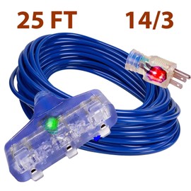 pizety 14 Gauge 25 ft Extension Cord Outdoor/Indoor 15AMP 125V, 1875 WATTS Extension Cord 25 ft 14/3 Triple Outlet Power Extension Cord 14 Gauge Lighted 3 Outlet Heavy Duty