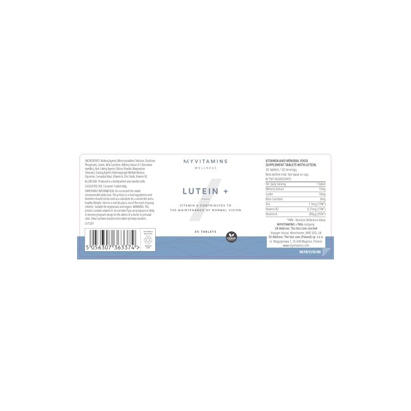 Myvitamins Lutein+ Tablets – 10 mg Lutein & Bilberry Extract, Vitamin A,