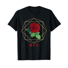 Vintage Red Rose, Geometric Gold Frame, Aesthetic, Japanese T-Shirt