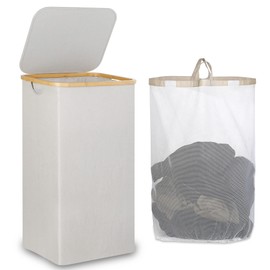 iEGrow Laundry Basket with Lid, Large Laundry Hamper with Handle and Lid, Collapsible Clothes Basket Organizer with Removable Inner Bag for Clothes Toys Towels - 110L Light Grey