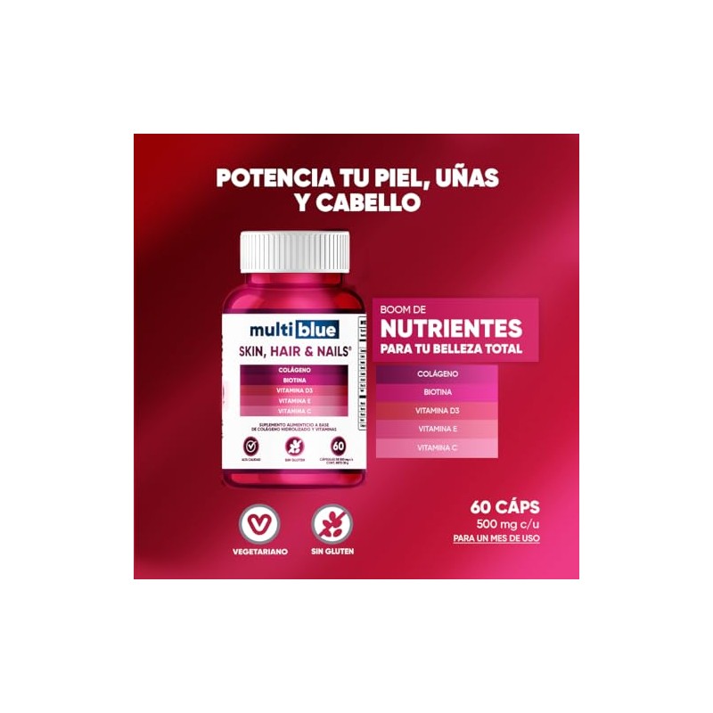MultiBlue - Colageno Biotina 60 Capsulas Formulado con Vitamina D3,