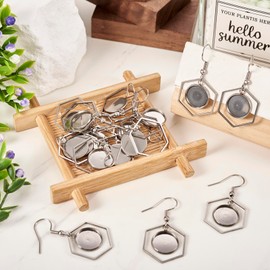 Pandahall 20pcs 304 Stainless Steel Earring Bezels Earring Hooks with Blank Cabochon Setting Tray and Hexagon Rings for DIY Jewelry Earrings Making