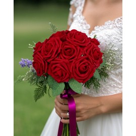 DuHouse 50Pcs Artificial Roses Flowers Fake Roses with Stems Real Touch Foam Flowers for DIY Wedding Bouquet Baby Shower Centerpiece Floral Arrangement Party Home Decor(Dark Red)