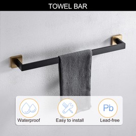 5 Pieces Bathroom Hardware Set Black and Gold Towel Bar Set, Toilet Paper Holder with Shelf, Towel Holder Set in Bathroom, Wall Mounted Stainless Steel, 23.6 Inches