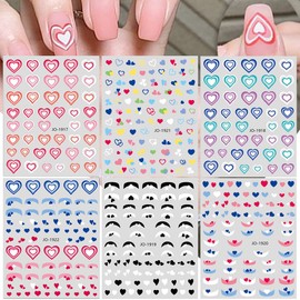 Valentine's Day Nail Stickers Gradient Heart Nail Art Decals 3D Self-Adhesive Colorful Peach Heart Nail Art Supplies for Nail Art Romantic French Designs Beauty DIY Acrylic Nail Decorations 6 Sheets
