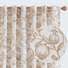 jinchan Linen Curtains Floral Curtains for Living Room 96 Inch Long French Curtains Rod Pocket Light Filtering Toile Print Farmhouse Bedroom Curtains Window Curtain Set, 2 Panels, Brown
