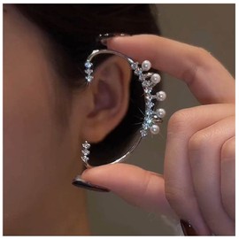 Aneneiceera Vintage Crystal Pearl Earrings Silver Pearl Cuff Earrings Cluster CZ Pearl Clip On Earrings CZ Pearl Cuff Pearl Necklace Earrings Jewellery for Women and Girls (Left), Zinc