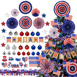 76 Pcs 4th of July Tree Ornaments Decorations Patriotic Banner Memorial Red White and Blue Decorations Indepence Day Tree Topper Fan Hanging Ornaments for Memorial Day Decor