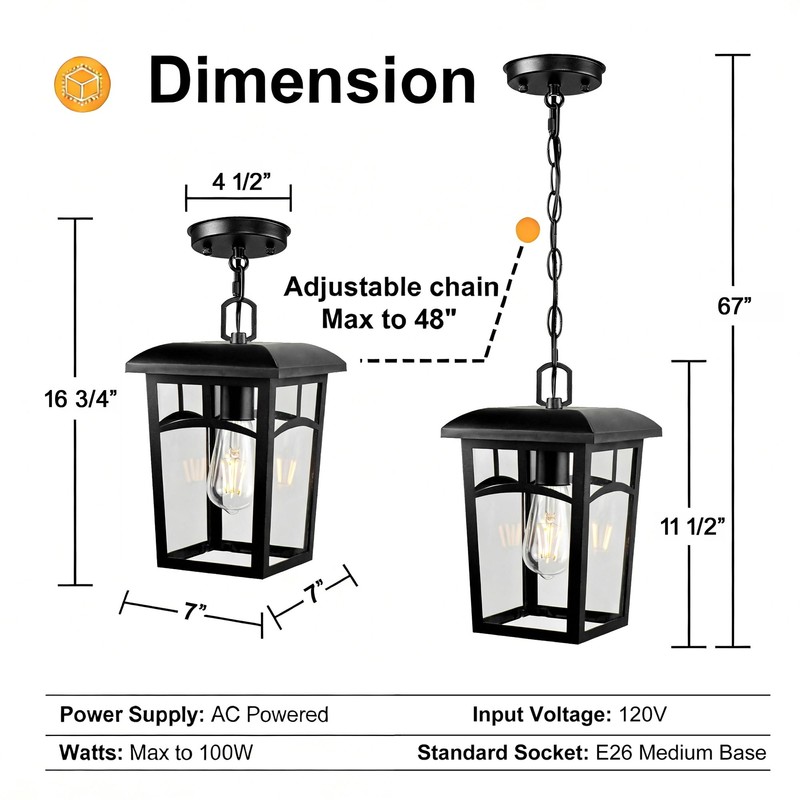 DOCIUEON Outdoor Hanging Light, Farmhouse Black Porch Pendant Lantern with
