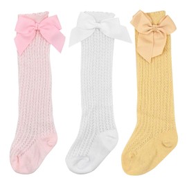 Shengxi 3 Pairs Bow Baby Girl Knee Socks Knitted Grid Overknee Stockings Socks Toddler Infant Long Socks Newborn Summer Socks with Bow for Baby Children Birthday 0-2 Years, White, pink, yellow