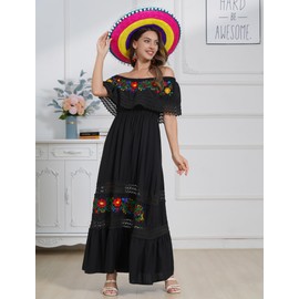 Women Mexican Dress Off Shoulder Floral Embroidered Long Maxi Dress Summer Beach Party Cinco de Mayo Dresses Black XXL