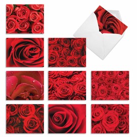 The Best Card Company - 10 Boxed Valentine Note Cards with Envelopes - Loving, Heartfelt Assorted Greeting Cards for Valentine's Day (4 x 5.12 Inch) - Roses are Red M3088VDG-B1x10