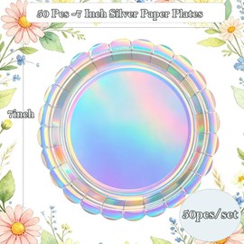 50 Pack Silver Scalloped 7 Inch Paper Plates, Disposable Flower Edge Plates for Birthday Baby Shower Bridal Shower Wedding Picnic Dessert Supply