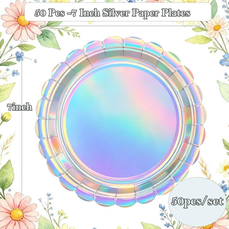 50 Pack Silver Scalloped 7 Inch Paper Plates, Disposable Flower