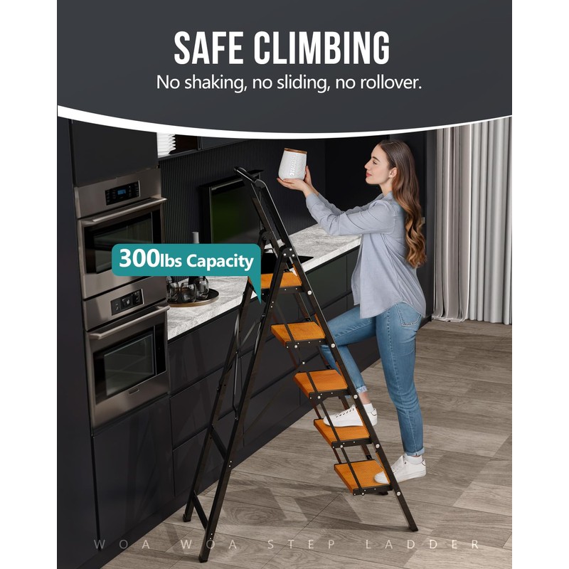 WOA WOA 5 Step Ladder, Ladders for Home, Anti-Slip Pedals,