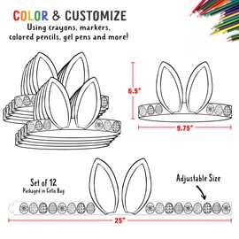 Tiny Expressions - Easter Bunny Ears Headband Coloring Crowns | 12 Count DIY Craft Easter Decorations for Kids | Holiday Crafts for Kids & Family | Kids Easter Activities | Easter Party Essentials