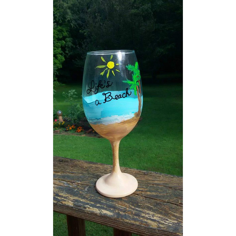 Life's a Beach Hand Painted Stemmed Wine Glass