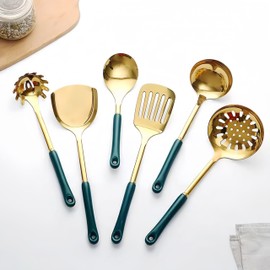 Gold Kitchen Utensils,7pieces Gold Cooking Utensils Set,Kitchen Tools Set With Utensil Holder, gold kitchen accessories,Dishwasher Safe, Easy To Clean(Green)